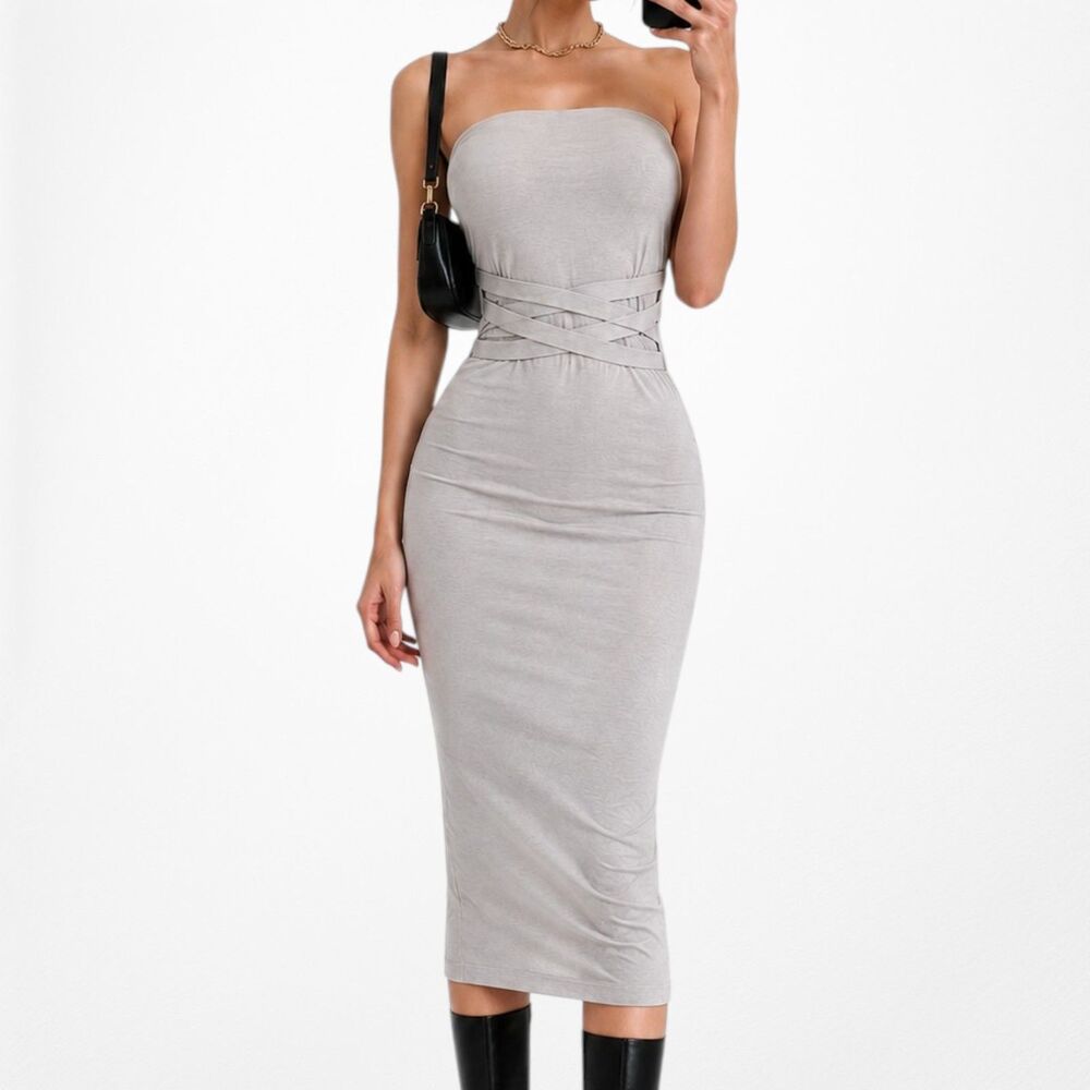 Vintage Y2K Nude Beige Strapless Bodycon Knee Length Knit Dress Corset Waist S/M